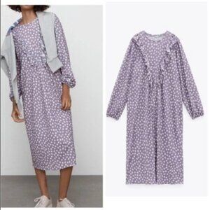 Zara Purple Polka Dot Ruffle Collar Midi Dress